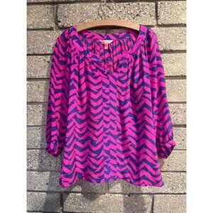 Lilly Pulitzer Pink & Blue Zebra Print Long Sleeve Blouse Size S